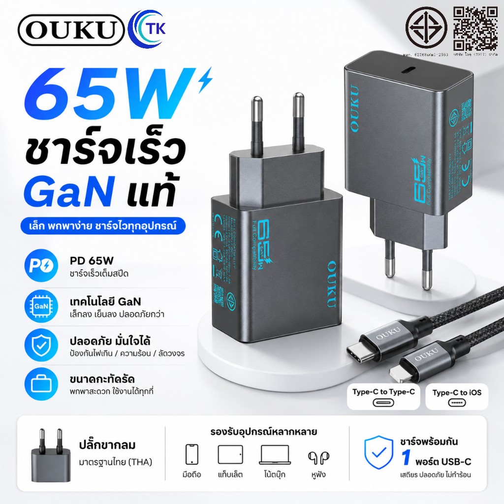 OUKU QC5 ชุดชาร์จพร้อมสาย Type-C/iOS ยาว 1 เมตร ชาร์จเร็ว 65W GaN ป้องกันกระแสไฟเกิน คุณภาพดี
