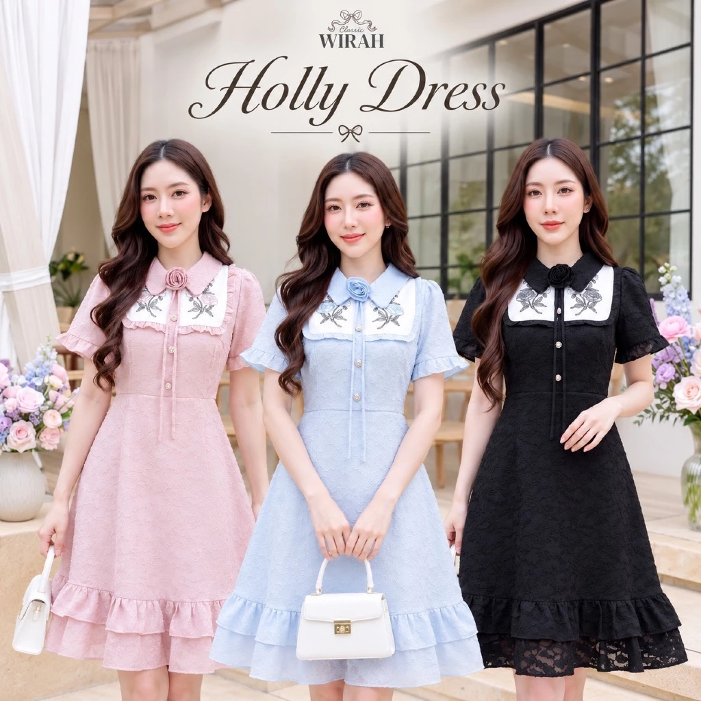 FW198 Holly Dress ชุดเดรสสั้นทรงเข้ารูป ผ้าเบิร์นเอ้าท์ (Burnout Fabric) ปกบัวแหลม พร้อมเข็มกลัดดอกไม้ ด้านหน้าตัดต่อ