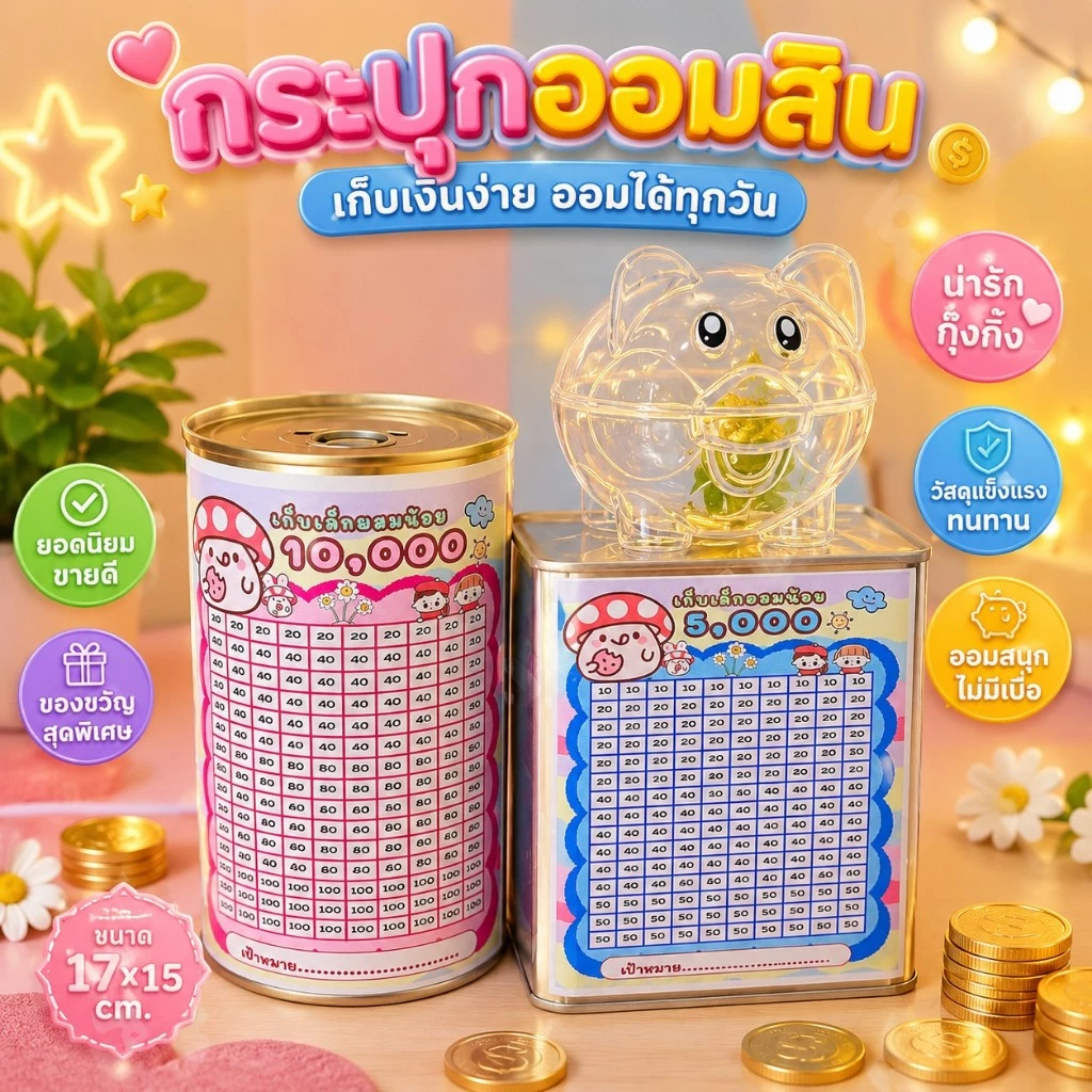 กระปุกออมสิน เซต 2 แถม 1 รุ่นกลมมินิ มินิเหลี่ยม+มินิกลมฝาดึง+หมูใส ตารางออม 5,000+10,000 พร้อมสติ๊กเกอร์ต