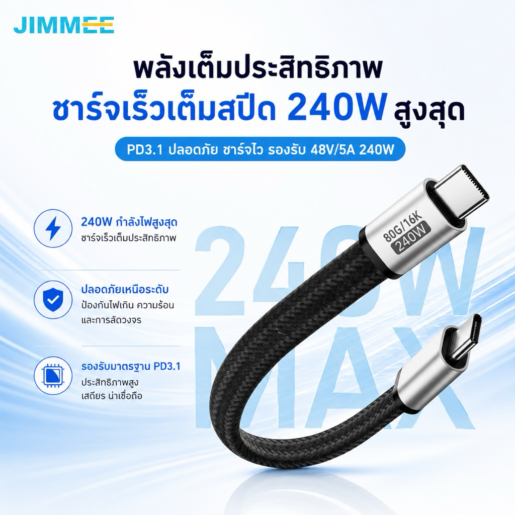 สาย USB-C to USB-C แม่เหล็ก 18 ซม. 240W PD3.1 USB4 v2.0 80Gbps รองรับ 16K60Hz ชาร์จเร็ว สายถักไนลอน