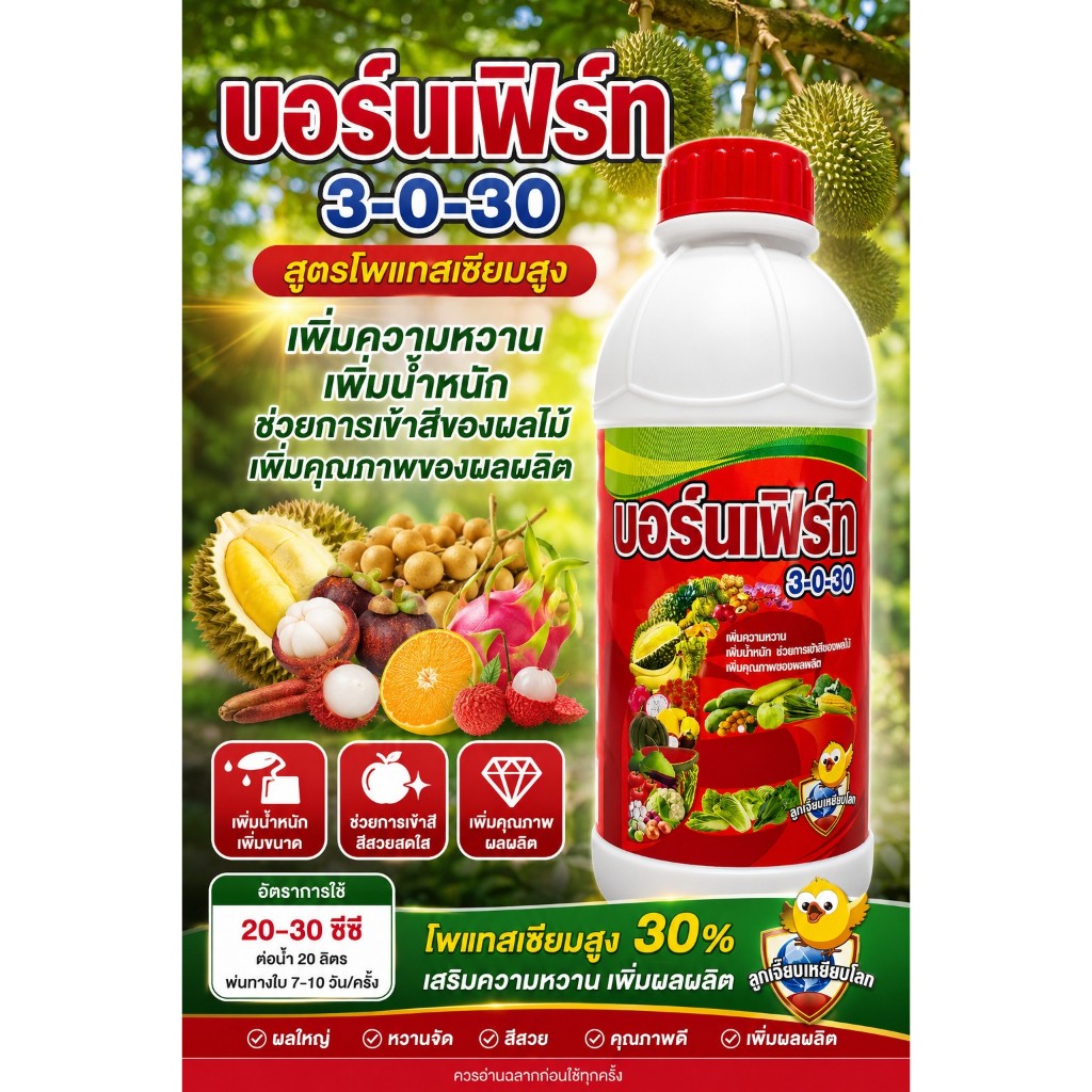 3-0-30 ขนาด 1 ลิตร บอร์นเฟิร์ท ปุ๋ยน้ำช่วยสร้างเนื้อ ขยายผล เร่งเข้าสี เพิ่มน้ำหนัก เนื้อแน่น ช่วงข้าวตั้งท้อง