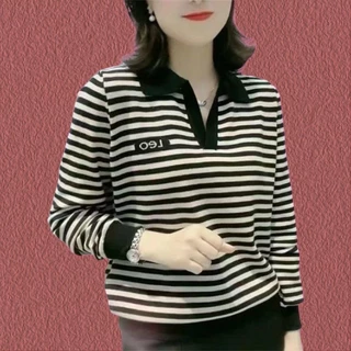 เสื้อยืดแขนยาวลายทางสำหรับผู้หญิง คอลเลกชันใหม่รับฤดูใบไม้ร่วง – สวมใส่ได้หลากหลายโอกาส มีสไตล์และดูดีมีระดับ มาในทรงหลว