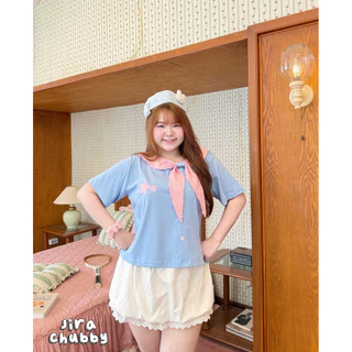 (🎀shopee video & liveมีส่วนลด+ส่งฟรี🎀) เสื้อยืดสาวอวบอ้วนผ้ายูนิ้วโคล่ แต่งสก็อต น่ารักมาก ตรงช่วงอกมีน้องดาว2ดวง(38-50)