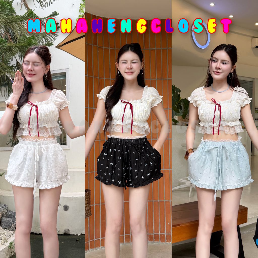Mahahengcloset กางเกงขาสั้น เอวแต่งลูกไม้ระบาย ชายขาระบาย ผ้าสลาฟลายดอก&ลายโบว์ เอวยางยืด ใส่สบาย สไตล์เกาหลี