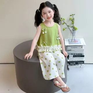 Babyonline(Y459)I4 (ส่งด่วน1วัน)ชุดเซ็ตเสื้อแขนกุดกางเกงขายาวสำหรับเด็กผู้หญิง ใส่สบาย ระบายอากาศ