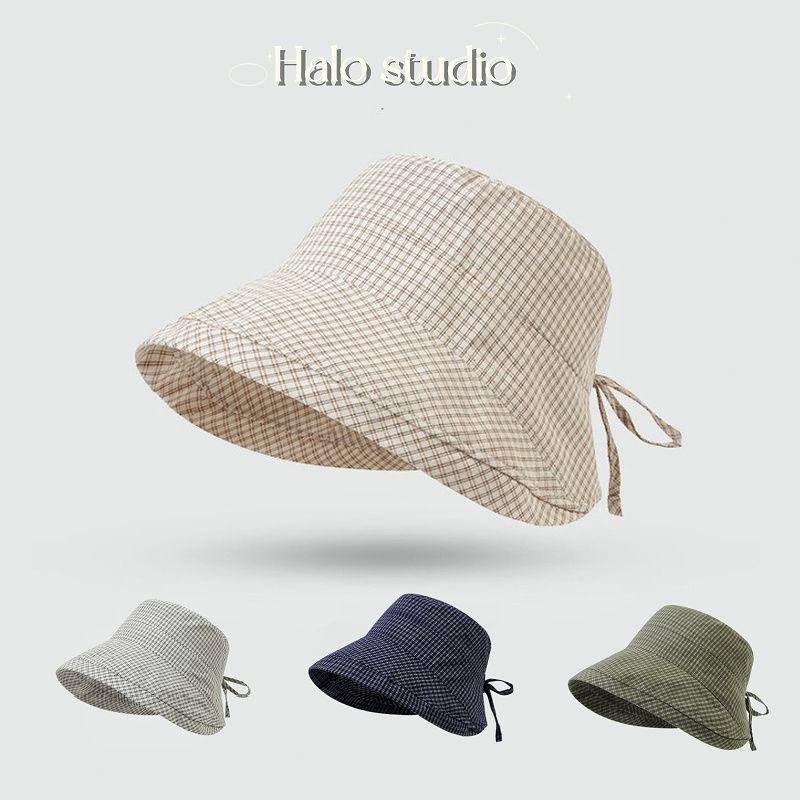 Halo studio พร้อมส่ง หมวกชาวประมงลายสก็อตย้อนยุค สไตล์ญี่ปุ่น ใช้งานได้หลากหลาย ป้องกันแสงแดด ด้านหน้ายาวกว่าด้านหลัง