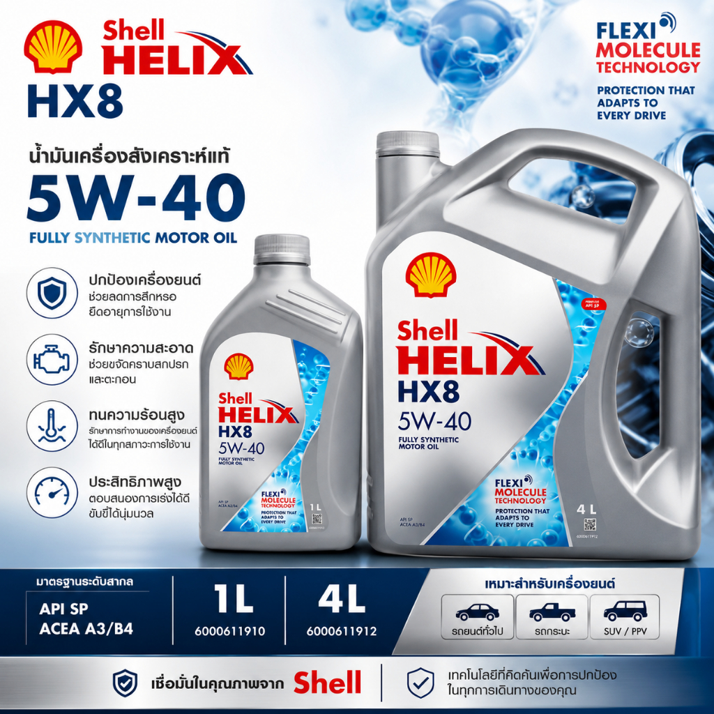 น้ำมันเครื่อง SHE HELIX HX8 5W40 SHELL 4 ลิตร +1 ลิตร (1 แกลลอน) [55433495]