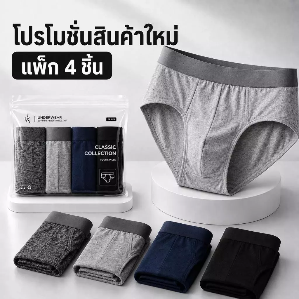 กางเกงในชายทรงสามเหลี่ยม 4 ตัว ผ้านุ่มใส่สบาย ยืดหยุ่นสูง กระชับพอดี ระบายอากาศดี ใช้ได้ทุกวัน