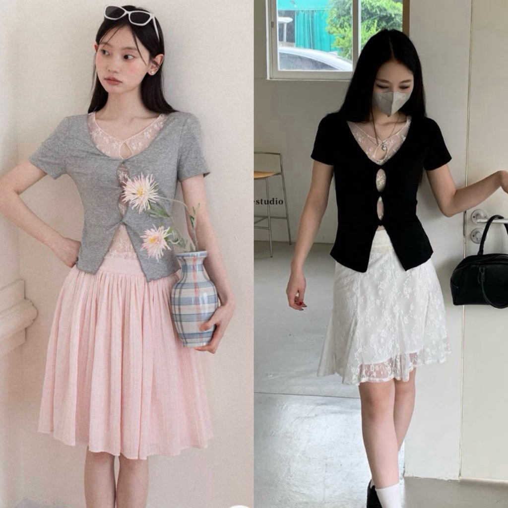 พร้อมส่ง เทา 10086# เสื้อแขนสั้น เย็บติดลูกไม้ ด้านใน เนื้อผ้าดีทรงสวย TAG:WG.WE