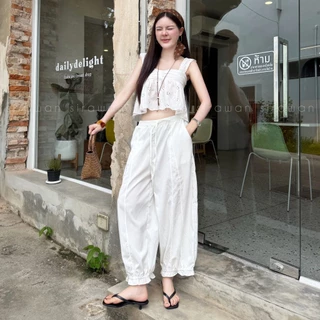 💰Mahahengcloset💰กางเกงขาจั๊มชายระบาย ตีเกล็ดหน้า ผ้าครัช เอวยางยืด ทรงสวย พรางหุ่น ใส่ได้ทุกไซส์