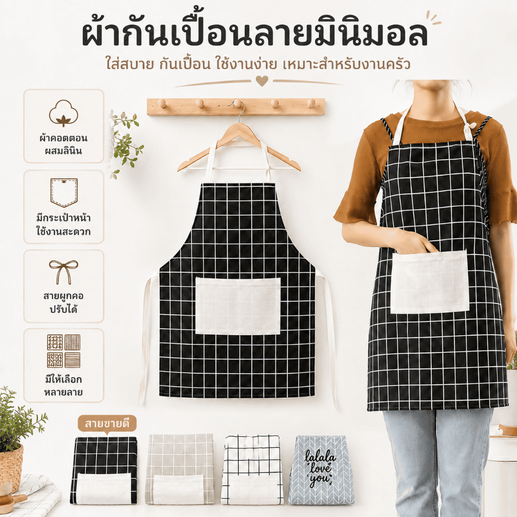 WQ-05 【ลายสก๊อต】ผ้ากันเปื้อน สไตล์มินิมอล ผ้าลินิน ใส่ทำอาหาร ทำงานบ้าน สำหรับผู้ใหญ่