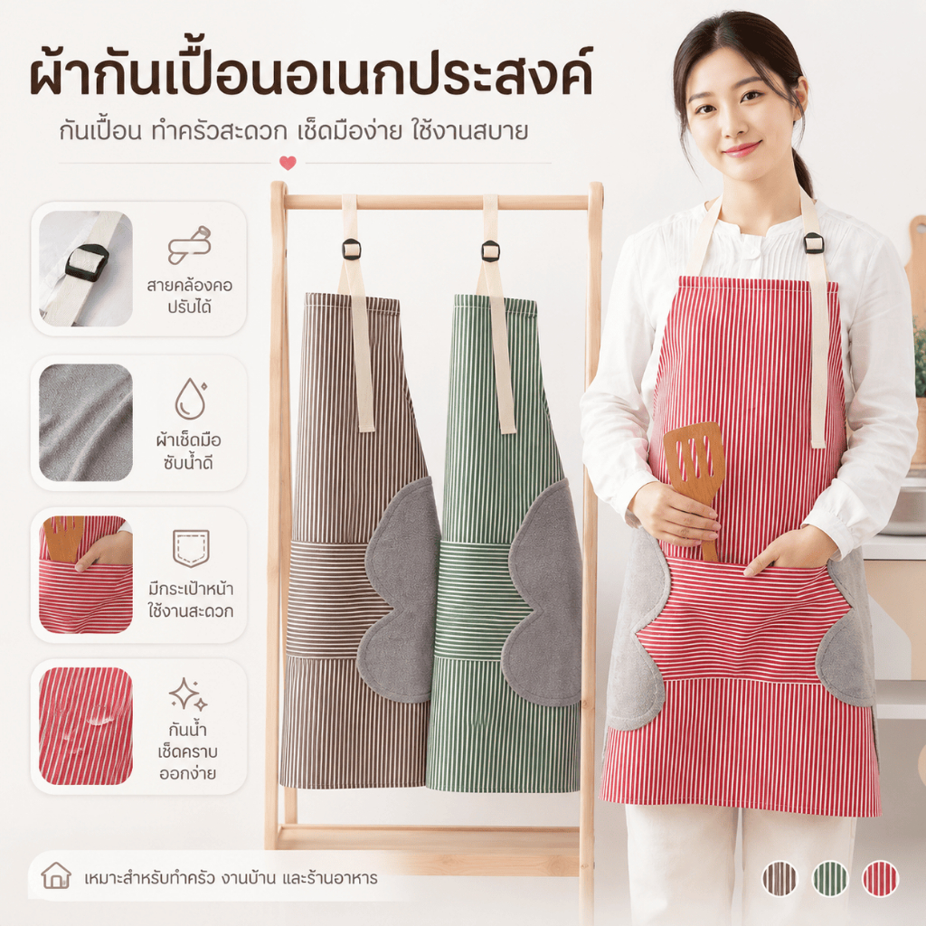 WQ-02 【ลายดอกไม้】ผ้ากันเปื้อน ผ้าอ๊อกซ์ฟอร์ด เช็ดมือได้ กันน้ำได้ มี 3 สีให้เลือก