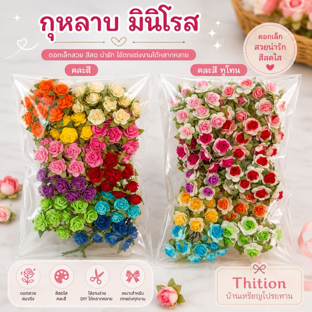 ดอกกุหลาบ มินิโรส ดอกกระดาษสา ขนาด 1.5 ซ.ม. 100 ดอก อุปกรณ์ตกแต่งDIY