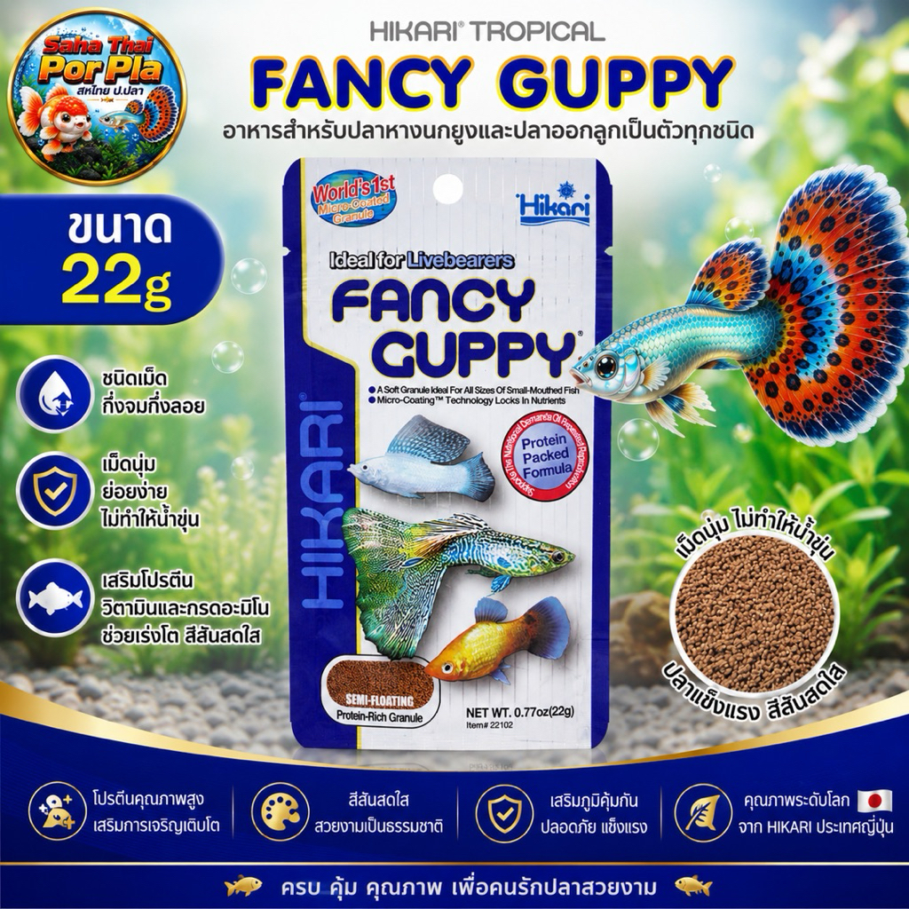 Hikari Fancy Guppy 22 กรัม อาหารปลาหางนกยูงและปลาออกลูกเป็นตัวคุณภาพจากประเทศญี่ปุ่น เม็ดกึ่งจมกึ่งลอย กินง่าย