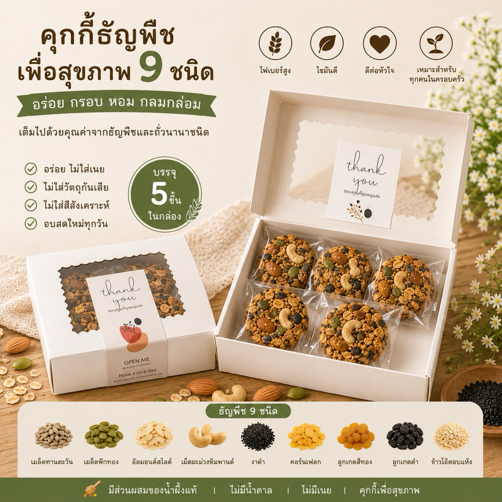 คุ้กกี้ธัญพืชคลีนอบกรอบ ไร้แป้ง ไร้น้ำตาล ไร้เนย บรรจุกล่องละ 5 ชิ้น บรรจุถุงซีล และ แบบรวม 4 ชิ้นในกระปุก 🐻