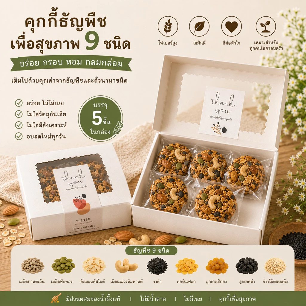 คุ้กกี้ธัญพืชคลีนอบกรอบ ไร้แป้ง ไร้น้ำตาล ไร้เนย บรรจุกล่องละ 5 ชิ้น บรรจุถุงซีล และ แบบรวม 4 ชิ้นในกระปุก 🐻