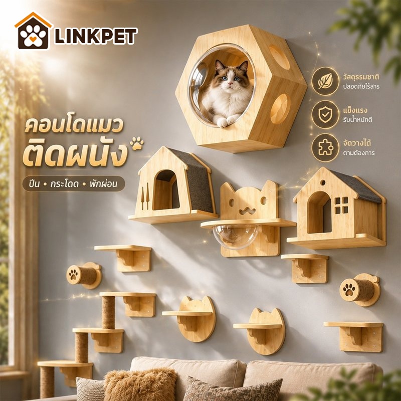 คอนโดแมวติดผนัง ชั้นแมวติดผนัง โครงปีนแมว cat tower ไม้เนื้อแข็งทั้งหมดไม่มีเสี้ยนไม่มีกลิ่น