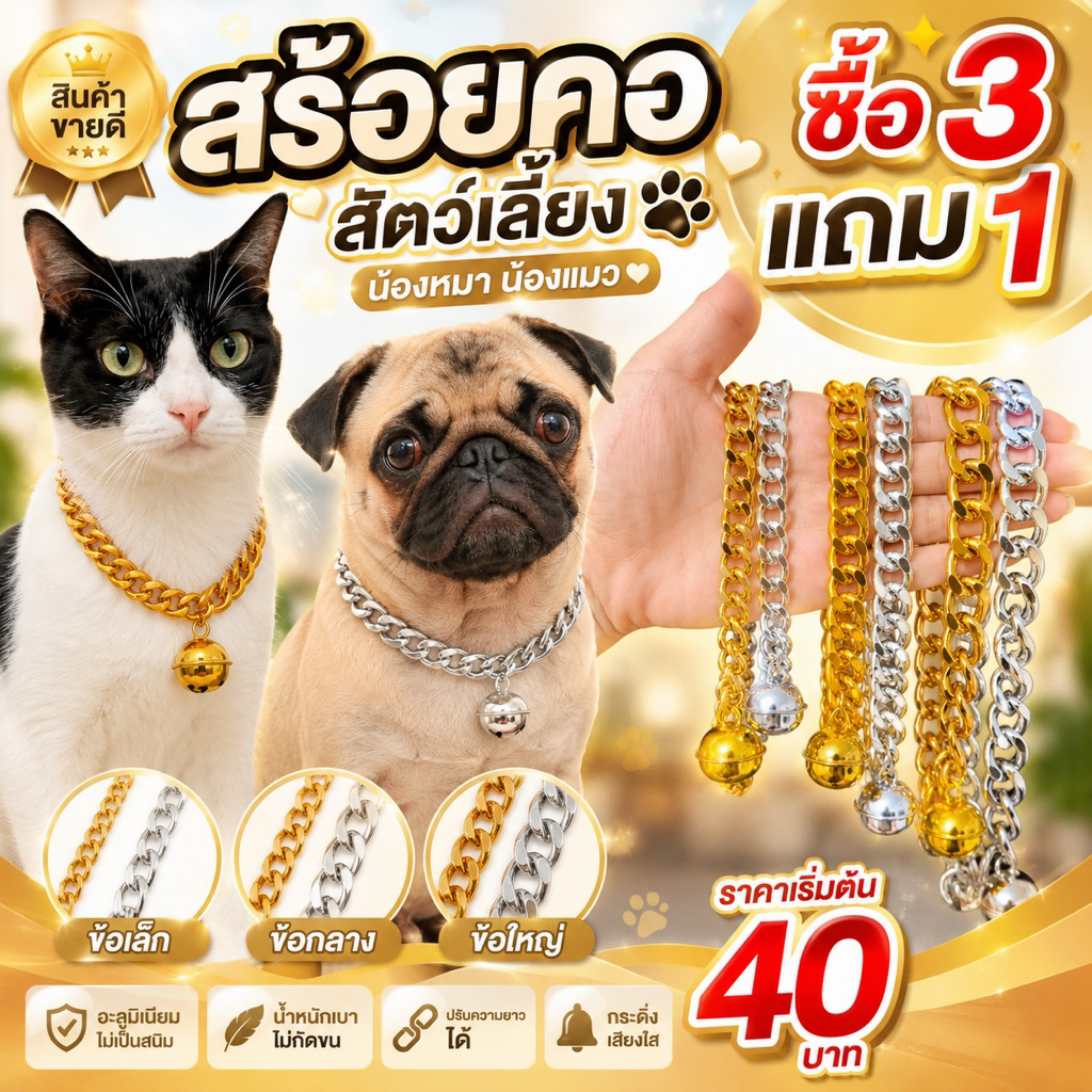 ปลอกคอแมว ปลอกคอสุนัข สร้อยคอหมา สร้อยคอแมว ซื้อ3แถม1 โซ่เลสทองอลุมิเนียมข้อเล็ก-กลาง-ใหญ่ ปรับขนาดได้