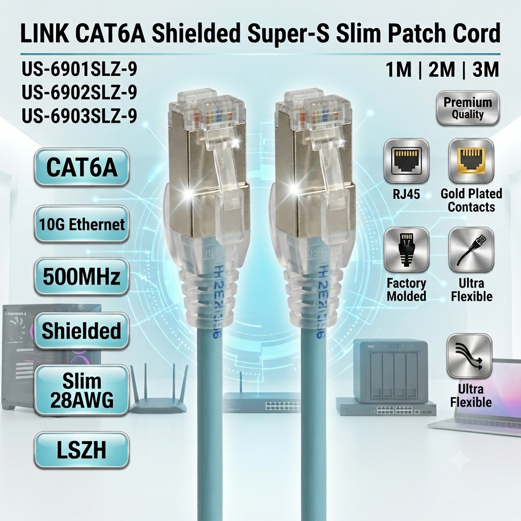 LINK สายแลน Shielded CAT6A Super-S 28 AWG Aqua Blue US-6901SLZ-9 ( Replace US-5201SLZ ) 1m 2m 3m