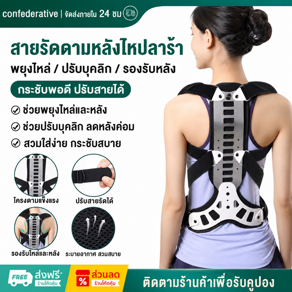 อุปกรณ์แก้ไขอาการหลังค่อม และกระดูกสันหลังคด ช่วยปรับท่าทางการนั่ง และการยืน ให้หลังตรง อกผายไหล่ผึ่ง ใช้ง่าย และสวมใส่แ