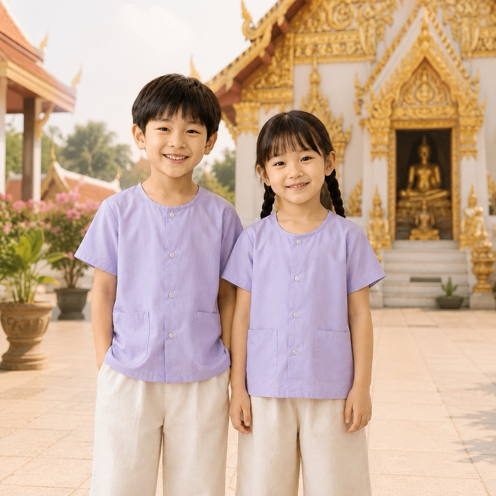(ผ้าป่าน) เสื้อขาวปฏิบัติธรรมเด็ก ชาย-หญิง เสื้อคอกลม-ผ่าหน้า กระเป๋าล่าง 2 ใบ สีขาวโอโม่ ผ้าไม่หนาไม่บางมาก ใส่สบาย
