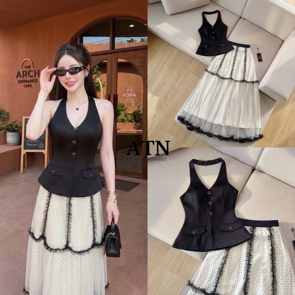 ATN ชุดset 2ชิ้น เสื้อคล้องคอช่วงอกเเต่งกระดุมหัวใจ