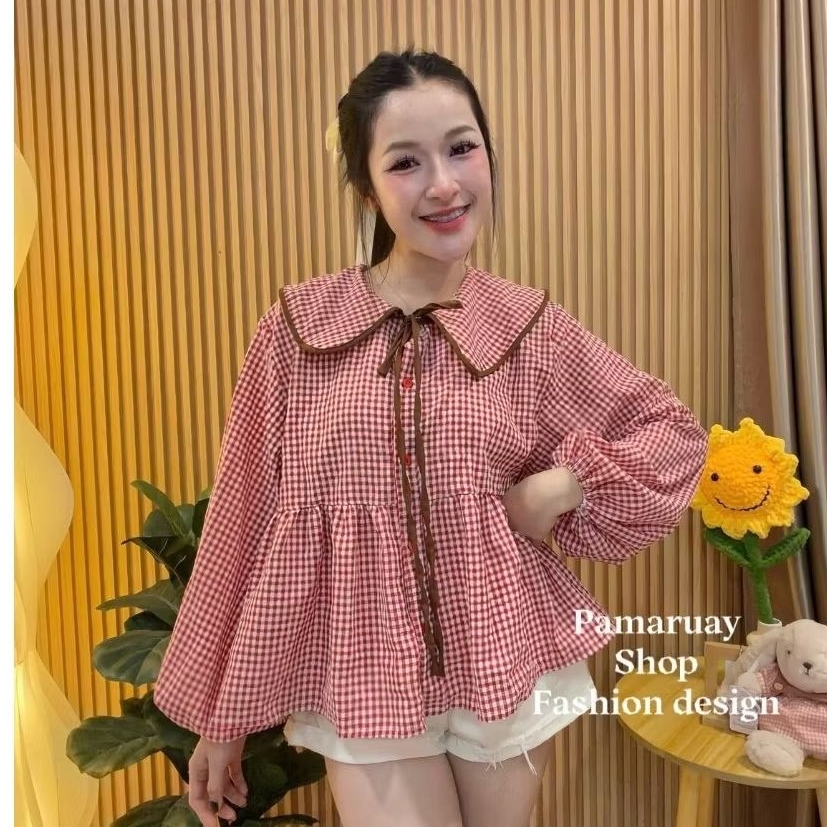 🌷Cotton🌷เสื้อคอบัวแขนยาวลายสก็อต🌷