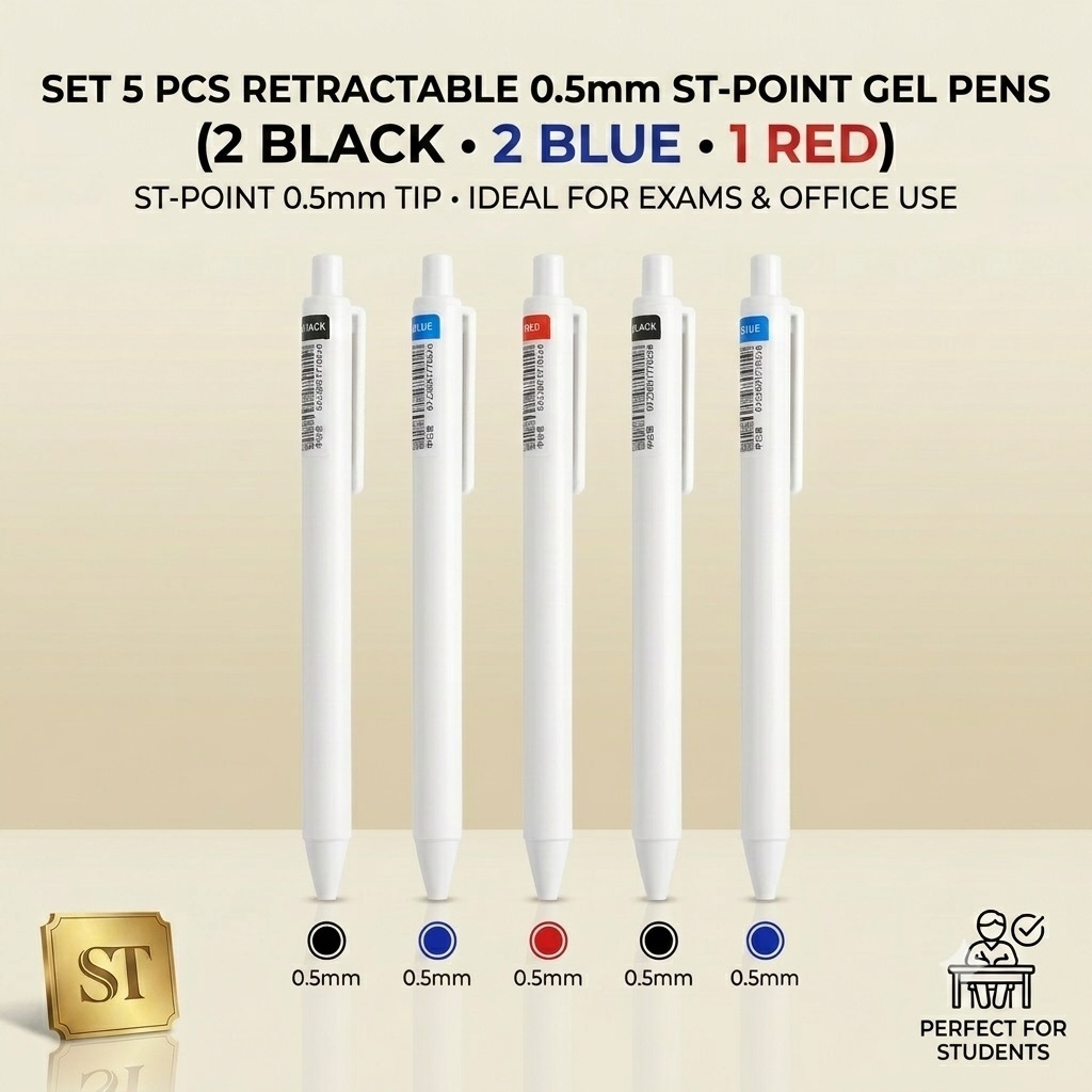 [พร้อมส่ง] ปากกาเจล 5 แท่ง 0.5mm ปากกาลูกลื่น ST Nib Retractable Gel Pen Black/Blue/Red Ink เครื่องเขียนสำหรับสอบ