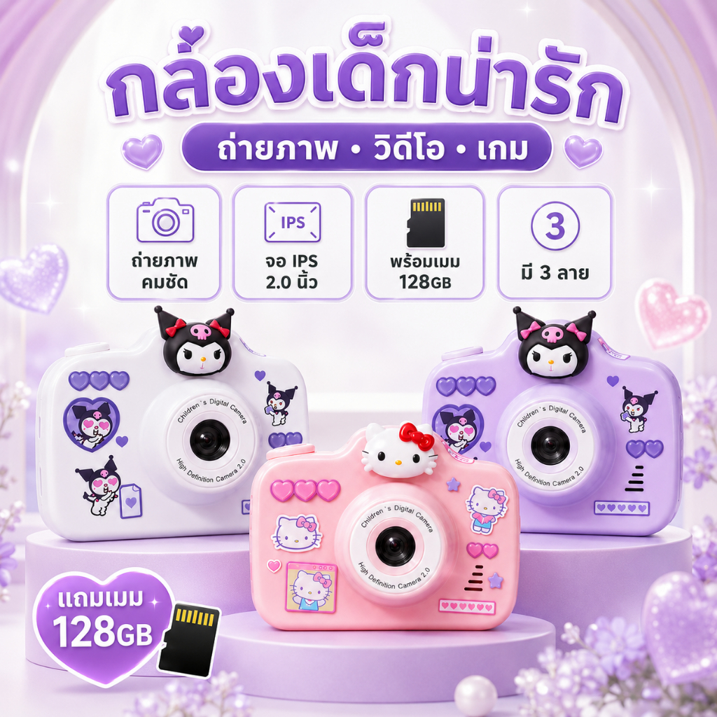 กล้องถ่ายรูปเด็ก กล้องดิจิตอลมินิ Kids Camera ถ่ายรูป ถ่ายวิดีโอ หน่วยความจำ 128GB สีขาว สีม่วง สีชมพู ของขวัญเด็ก
