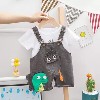 [Cotton Life]ชุดเสื้อยืด+กางเกงเอี๊ยมเด็ก ลายไดโนเสาร์น่ารัก ผ้าฝ้ายนุ่ม สำหรับเด็ก 0-4 ปี