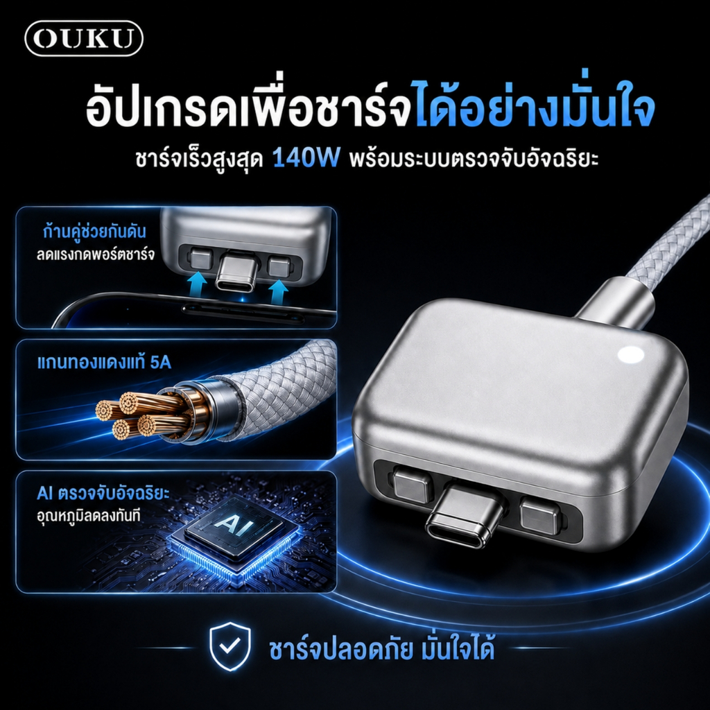 อะแดปเตอร์ ชาร์จเร็ว 140W OUKU KH-51 ตัดการจ่ายไฟอัตโนมติ ใช้งานกับPowerbank ได้ ตัดไฟเมื่อชาร์จเต็ม