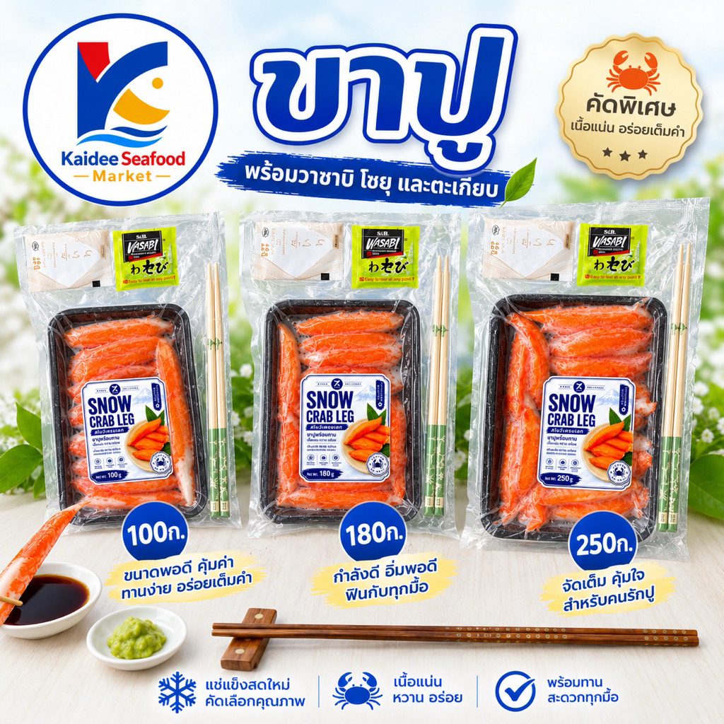 ขาปูอลาสก้า 🦀🔥 พร้อมวาซาบิ โซยุ และตะเกียบ เวฟทานได้เลย ส่งด่วนภายในวัน 🚛เหมาค่าส่ง ฟรีกล่องโฟม!! ทุกจังหวัดทั่วไทย🎉