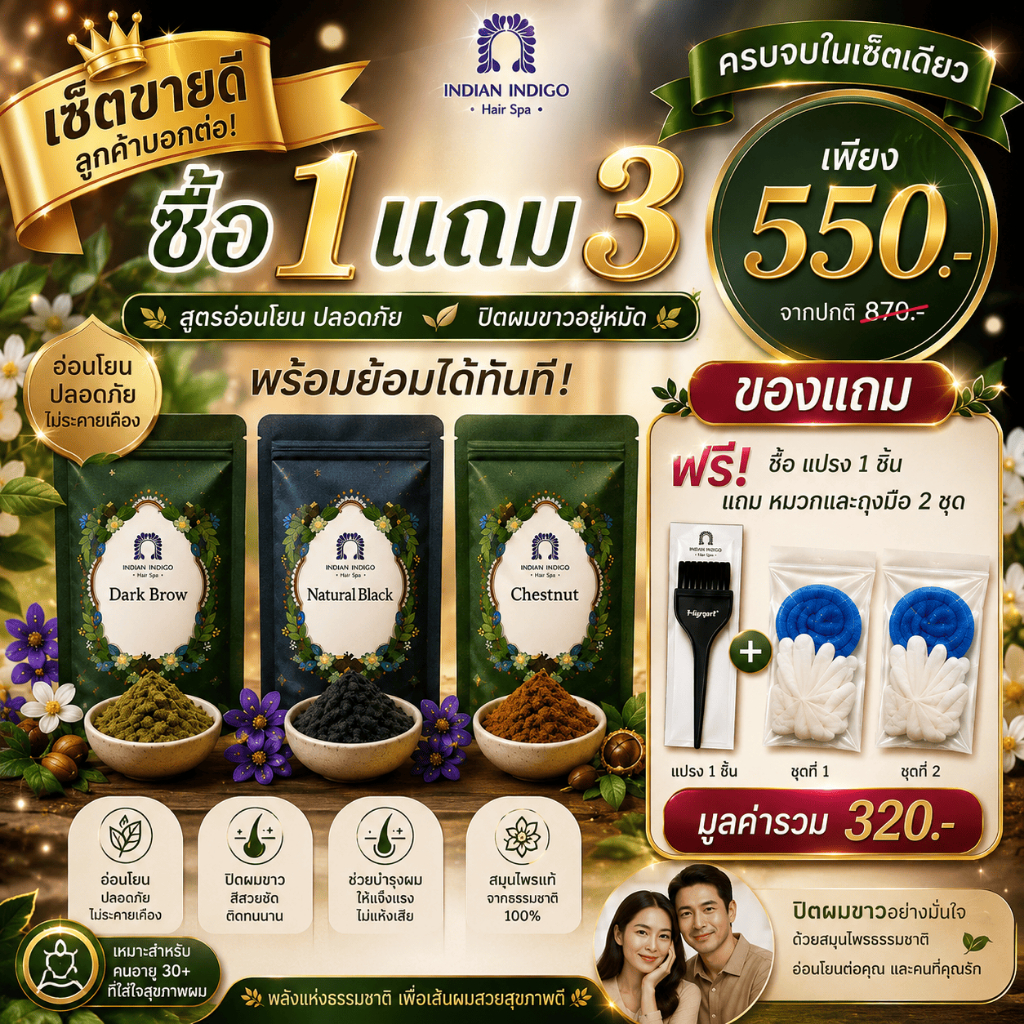 1แถม3 ครบเซ็ตย้อมได้ทันที !! ส่งด่วนทันใจ [มีให้เลือก 4สี] ผงพืชย้อมผม ครามอินเดีย ย้อมและบำรุงในขั้นตอนเดียว