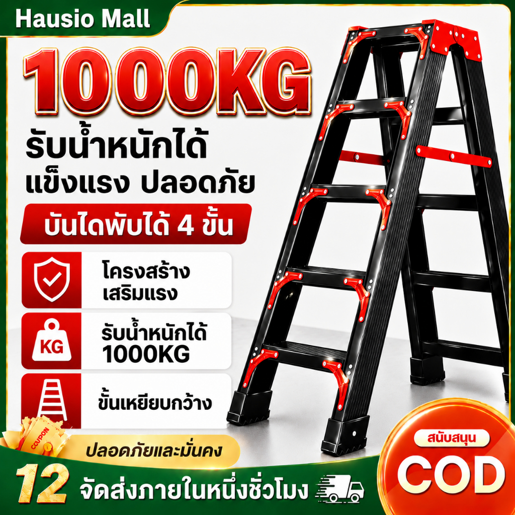บันไดอลูมิเนียม ทรงA บันไดพับได้ 3-7 ขั้น รับน้ำหนัก 1000KG ขึ้นลง 2 ทาง แป้นเหยียบกว้าง กันลื่น ใช้ในบ้าน งานช่าง