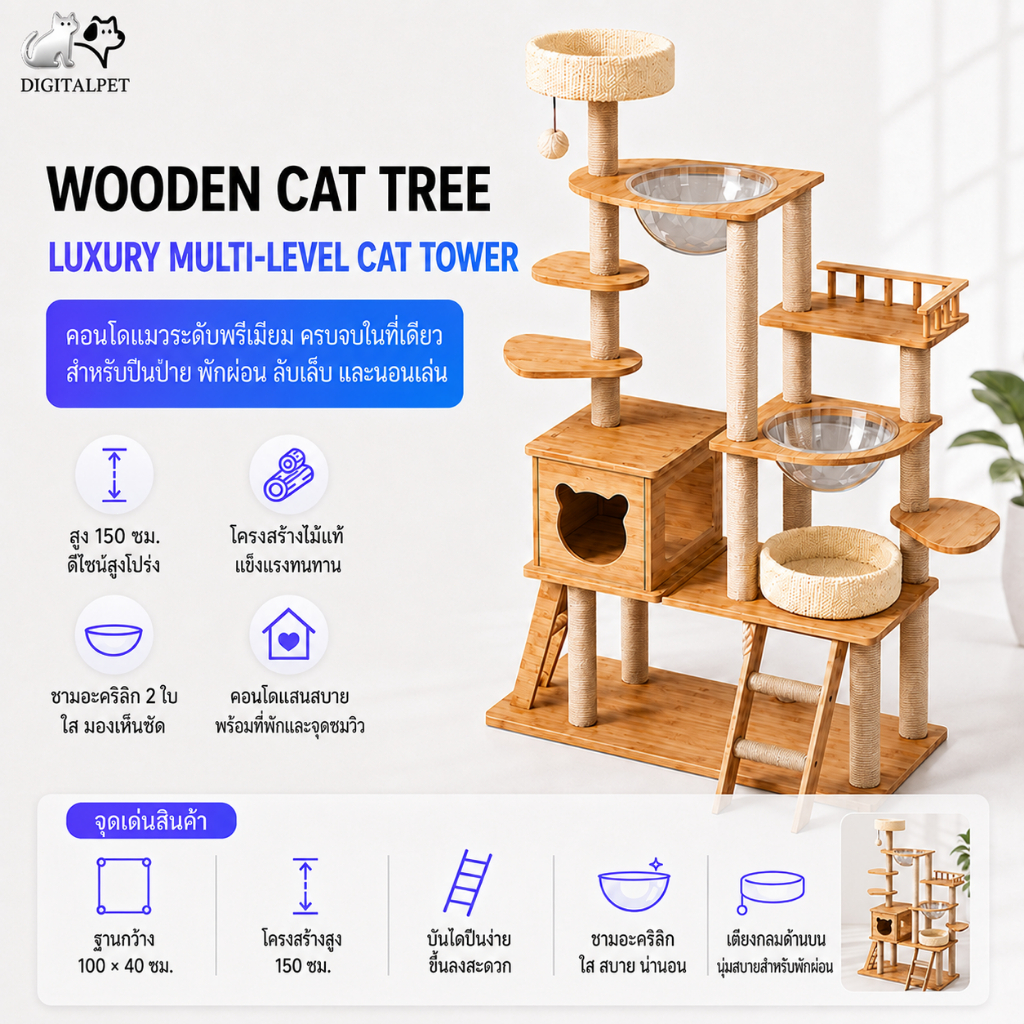 DIGITALPET คอนโดแมวใหญ่ ไม้เนื้อแข็งที่หนาขึ้น ไม่สั่นไหว คอนโดแมวไม้ condoแมว เสาลับเล็บ คอนโดแมว คอนโดต้นไม้แมว