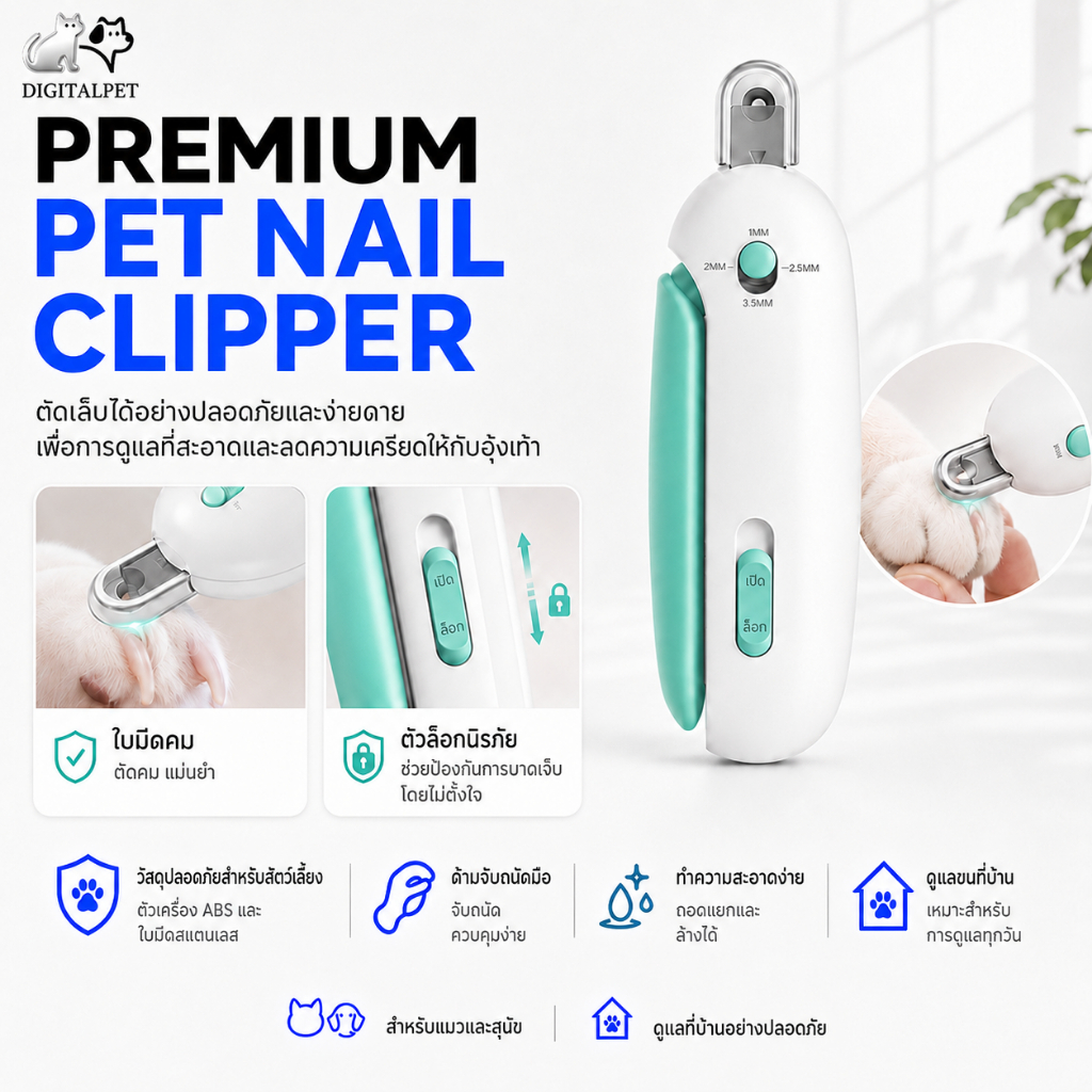 DIGITALPETกรรไกรตัดเล็บแมว กรรไกรตัดเล็บสุนัข พร้อมไฟLED พร้อมตะไบเหล็กเก็บซ่อน ป้องกันเลือดออก กรรไกรตัดเล็บสัตว์เลี้ยง