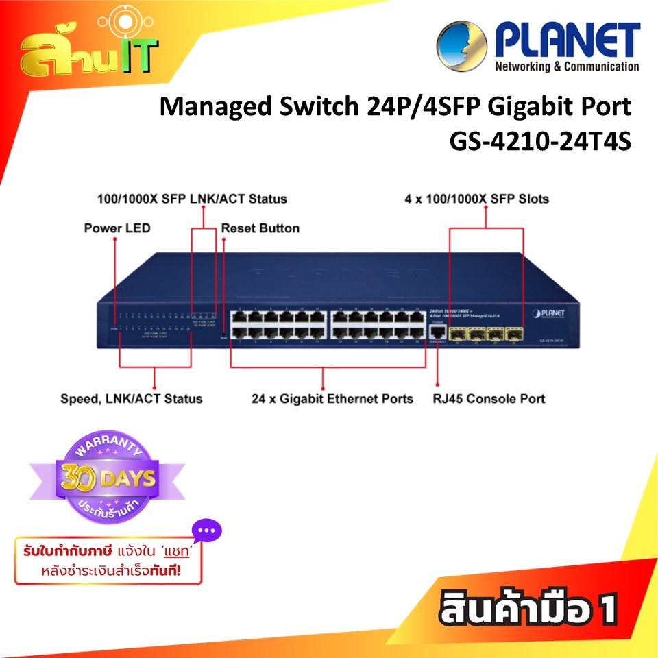 PLANET GS-4210-24T4S Switch 24 Port Gigabit + 4 SFP Uplink | Managed L2/L4 Switch | สินค้าใหม่ | ล้า