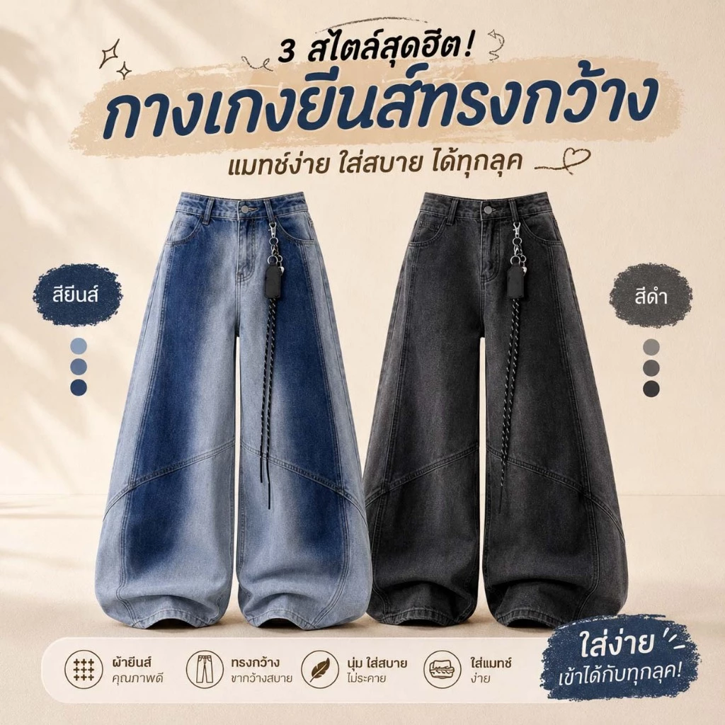 กางเกงยีนส์ผู้หญิงเอวสูงขากว้างทรงหลวม ยีนส์ฟอกทูโทน สไตล์วินเทจเกาหลี แฟชั่นสตรีท ใส่สบาย แมทช์ง่าย กางเกงขายาว แต่งโซ่