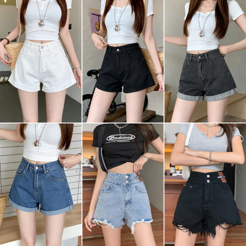 cherryshop พร้อมส่ง กางเกงขาสั้นยีนส์เอวสูงแฟชั่นสไตล์เกาหลีสำหรับผู้หญิง S-XL ทรงสวยเข้ารูป ปลายรุ่ยขาดขาเล็กน้อย