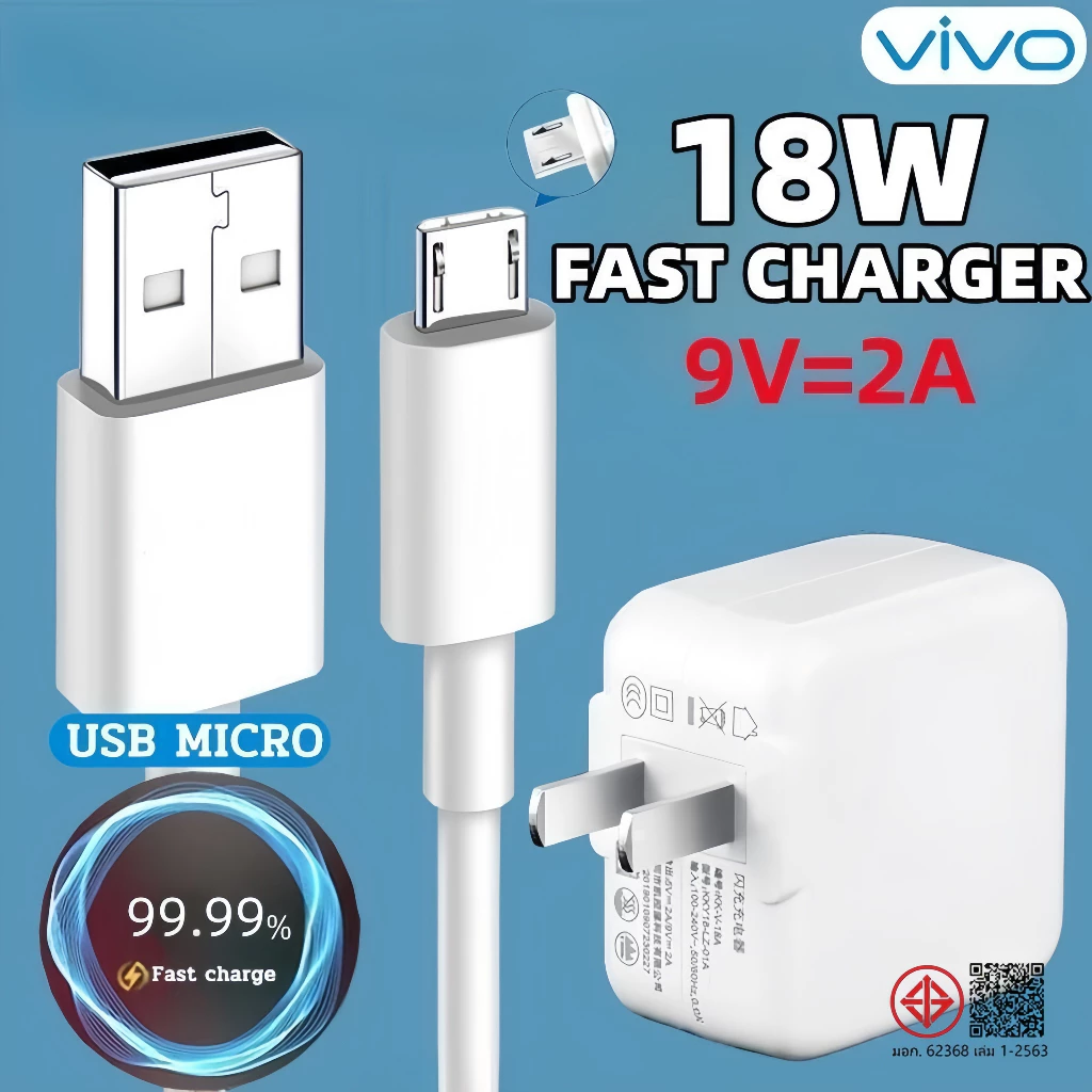 ชุดหัวชาร์จเร็ว+สายชาร์จเร็วVIVOของแท้ อินเตอร์เฟส 1M Micro USB รองรับรุ่น V9/V11i/V11/V15/V15PRO/X21/X23 Quick Charging