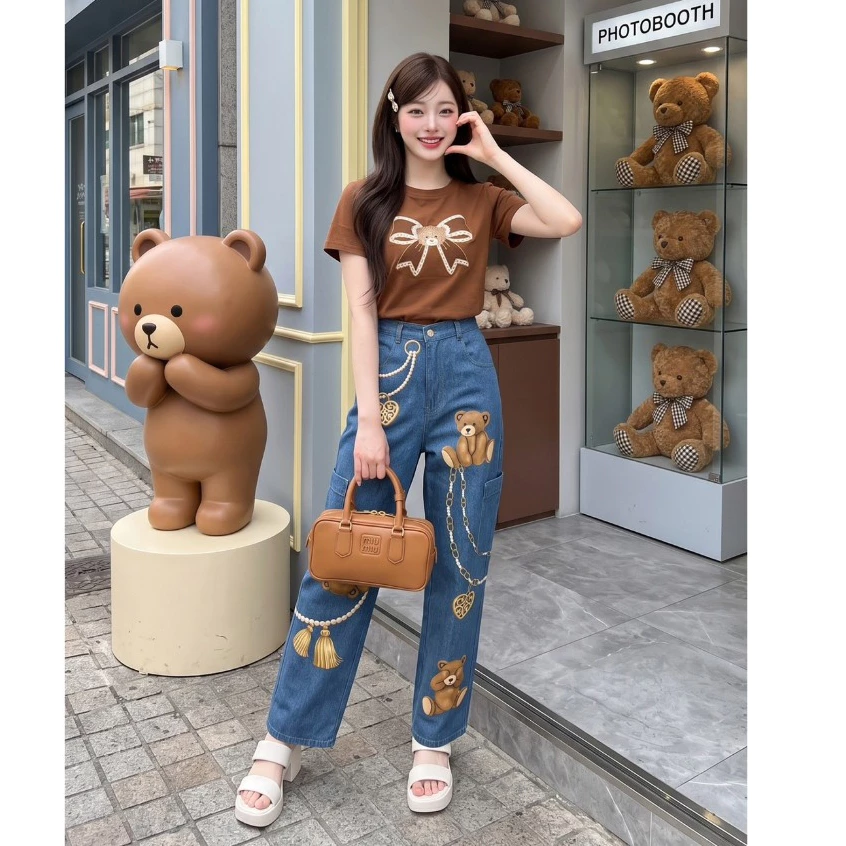 (มี3XL) สีน้ำตาล Bear Brownie Set เซ็ต 2 ชิ้น เสื้อยืดงานปักเทดดี้ + กางเกงผ้าทอขายาวสกรีนลาย 6 กระเป๋า ทรงสวย