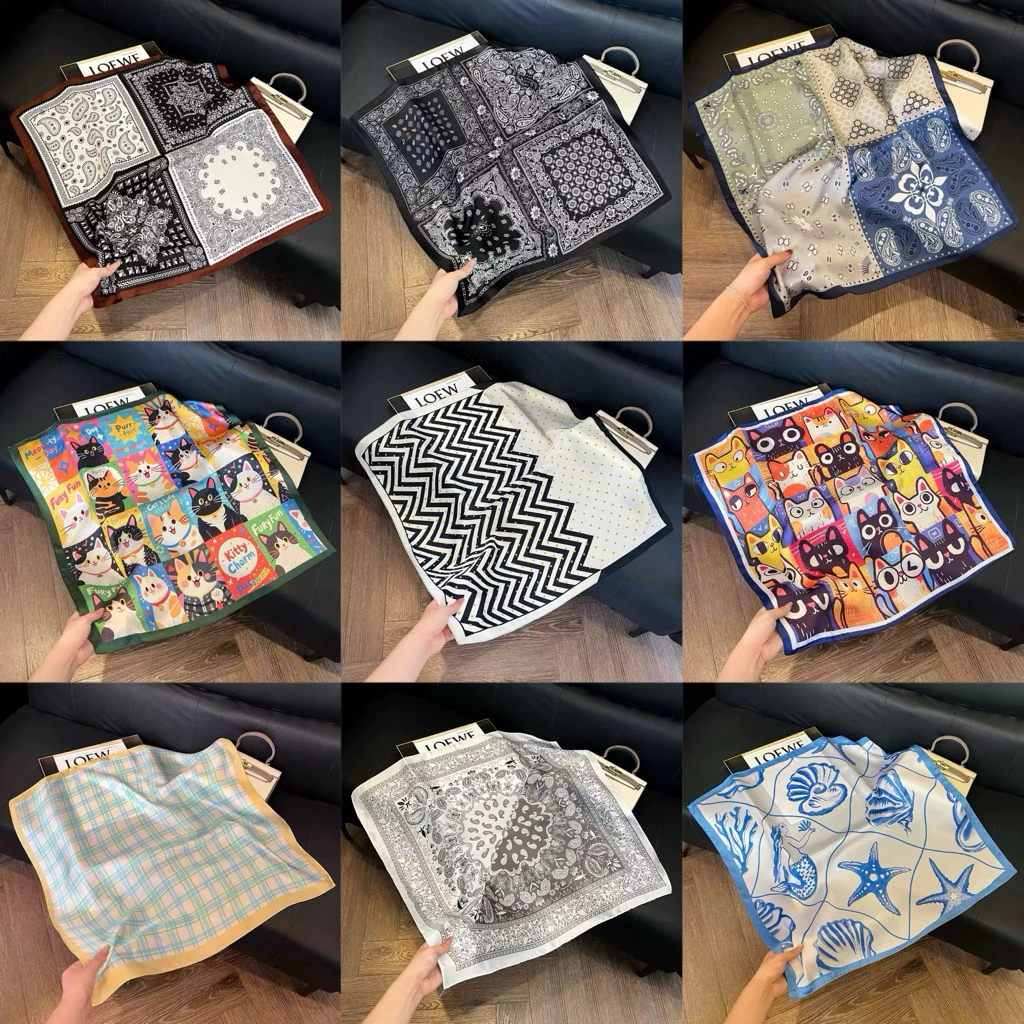 ผ้าพันคอซิลค์ มีให้เลือกกว่า 100 แบบผ้าโพกผม 70 ซม. ลายวินเทจ สายแฟ สงกรานต์ ทะเล [BD-SC]