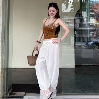 💰Mahahengcloset💰กางเกงขาจั๊ม ชายระบายลูกไม้ ผ้าครัช เอวสม็อค ยืดได้ ทรงสวย ใส่สบาย สาวอวบใส่ได้