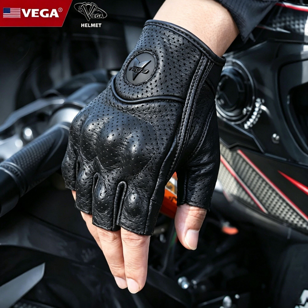 VEGA MF-011 ถุงมือรถจักรยานยนต์หนังแกะจริงถุงมือฤดูร้อนระบายอากาศวินเทจ