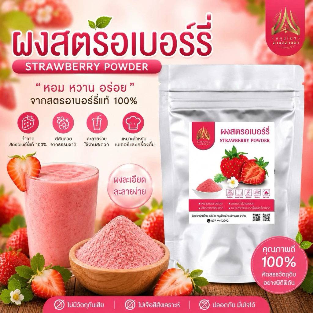 ผงสตอเบอร์รี่ ผงสตรอเบอร์รี่เข้มข้น สตรอเบอรี่บดผงแท้ ไม่มีน้ำตาล มีให้เลือก2ขนาด