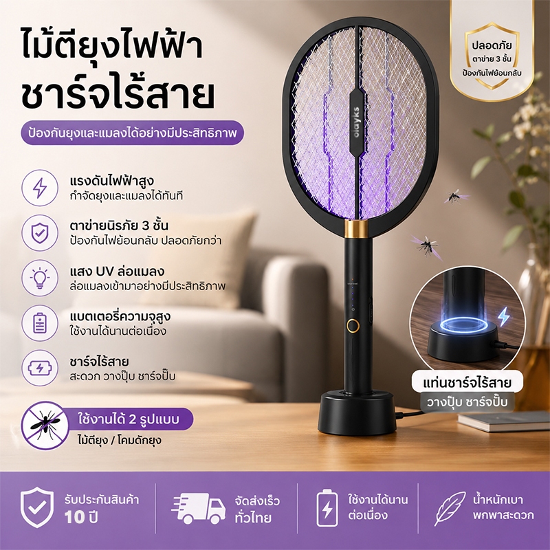 ไม้ตียุง โคมไฟกันยุงและตียุงในเครื่องเดียว ประสิทธิภาพ 2 เท่า บอกลายุงได้เลย
