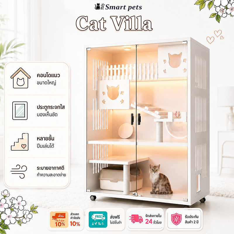 Cat Villa วิลล่าไม้เนื้อแข็งตู้แมว วิลล่าแมว กรงแมว กรงขังแมว บ้านแมว วิลล่าแมวไม้ บ้านแมวขนาดใหญ่ กรงสัตว์เลี้ยง