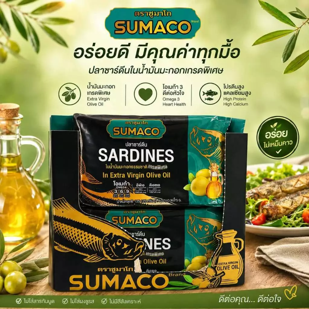 [เซต 10 กระป๋อง/ชุด] SUMACO ปลาซาร์ดีนในน้ำมันมะกอก เกรดพรีเมียม 125g | ปลาซาร์ดีนเนื้อแน่น หอมน้ำมันมะกอก อร่อยกลมกล่อม