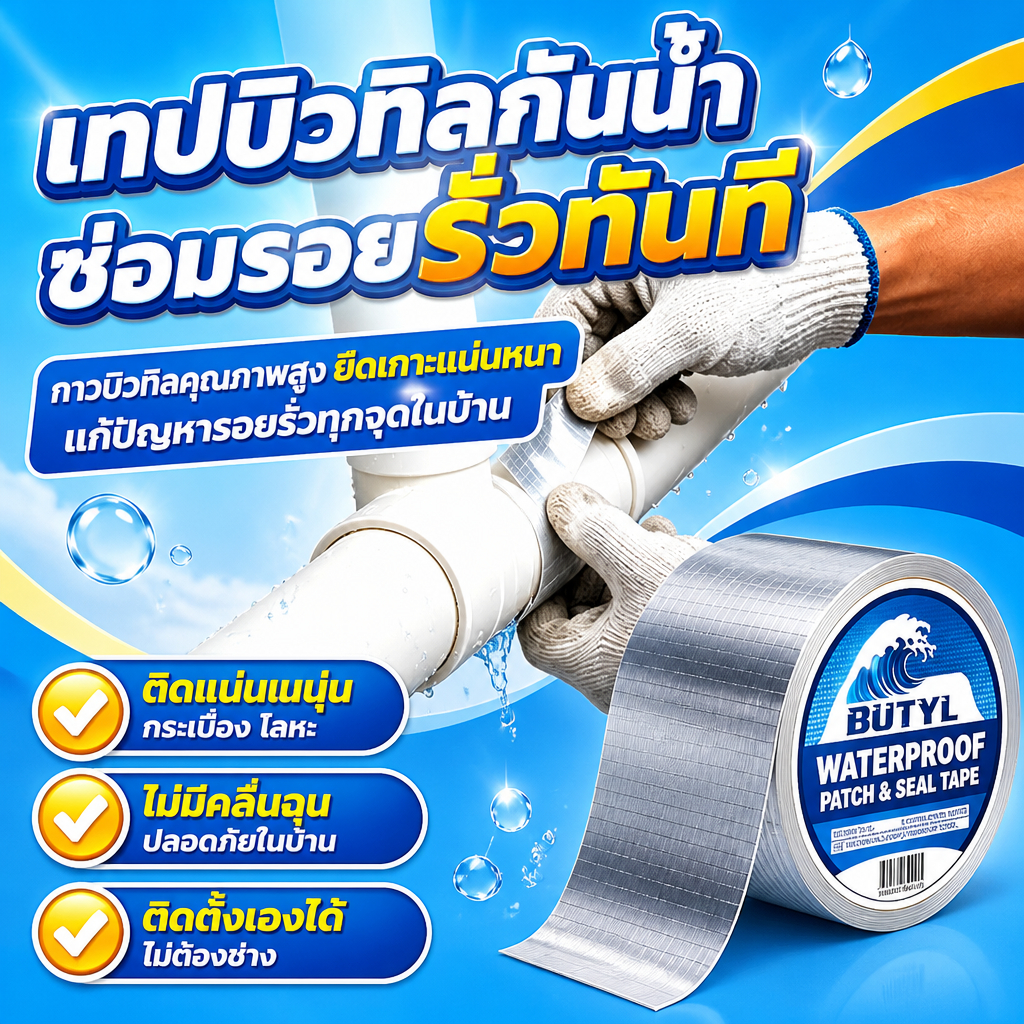 เทปกาวกันน้ํารั่วซึม เทปบิวทิล กาวติดหลังคากันรั่ว  ซ่อมท่อ ผนัง หน้าต่าง สระ มีหลายขนาด ทนทาน รองรับCOD