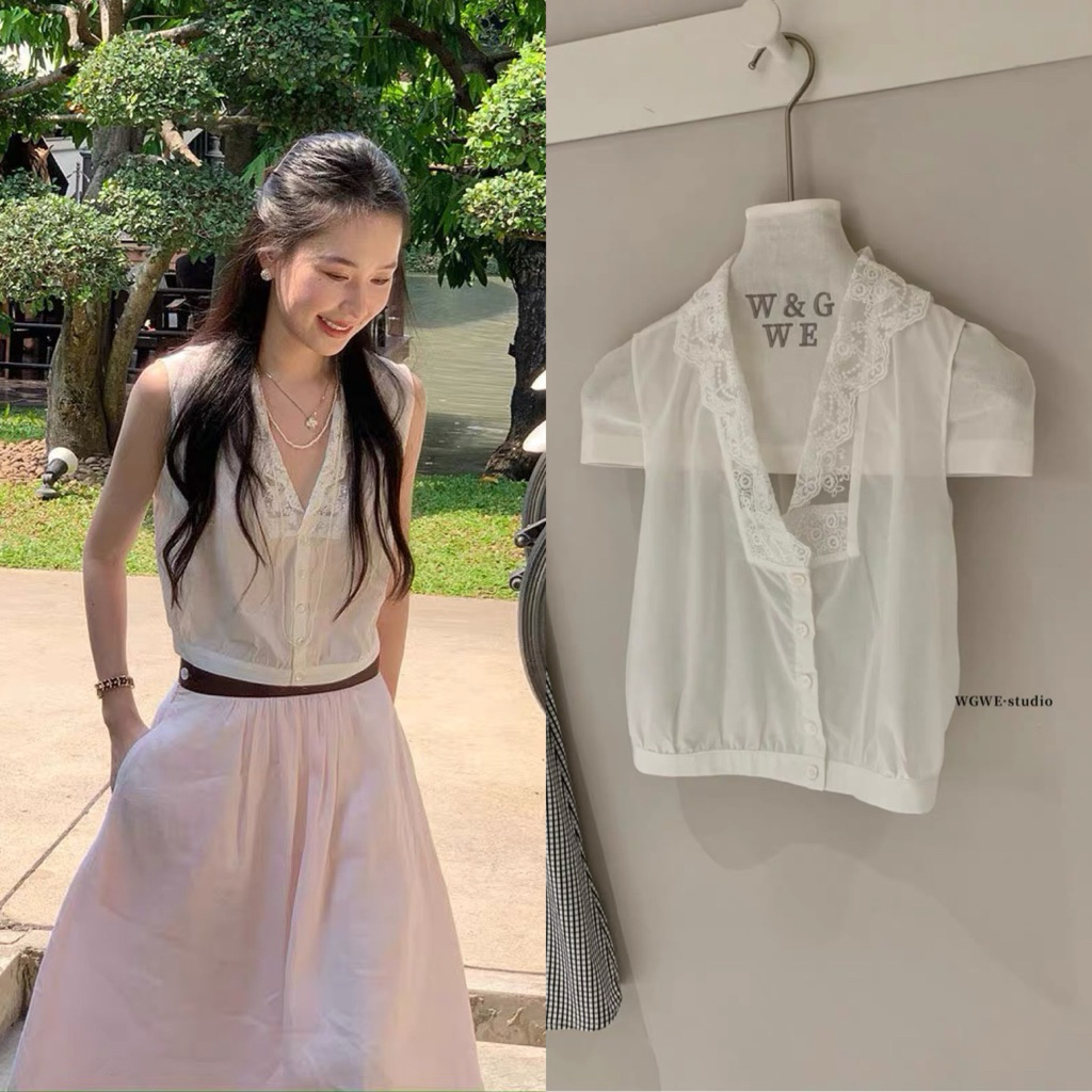 ส่งด่วน 𝐖𝐆.𝐖𝐄 9811 เสื้อคอวีแขนกุด แต่งผ้าฉลุปักลายช่วงอก